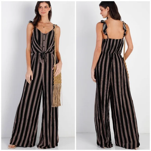 SUGAR+LIPS Boho Chic Black Striped Front Knot Relaxed Fit Jumpsuit - Picture 4 of 5